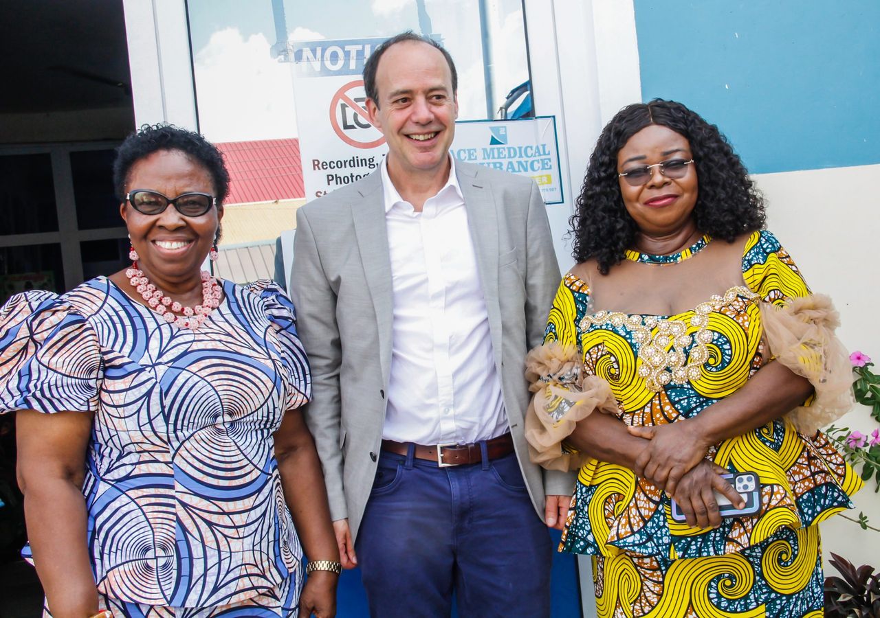 Dr. Beatrice Wiafe Addai and colleagues welcoming an international partner at Peace and Love Hospital