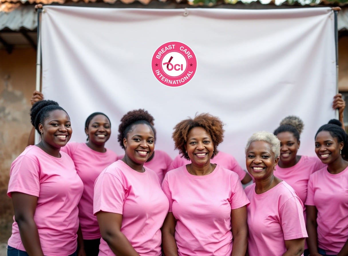 Breast Care International team and community women in pink at a health-education gathering in Ghana, in front of a BCI banner