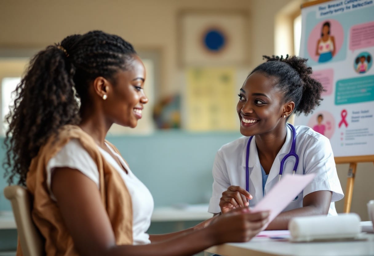 A Ghanaian nurse teaching a young woman about breast-cancer awareness and early detection in a clinic