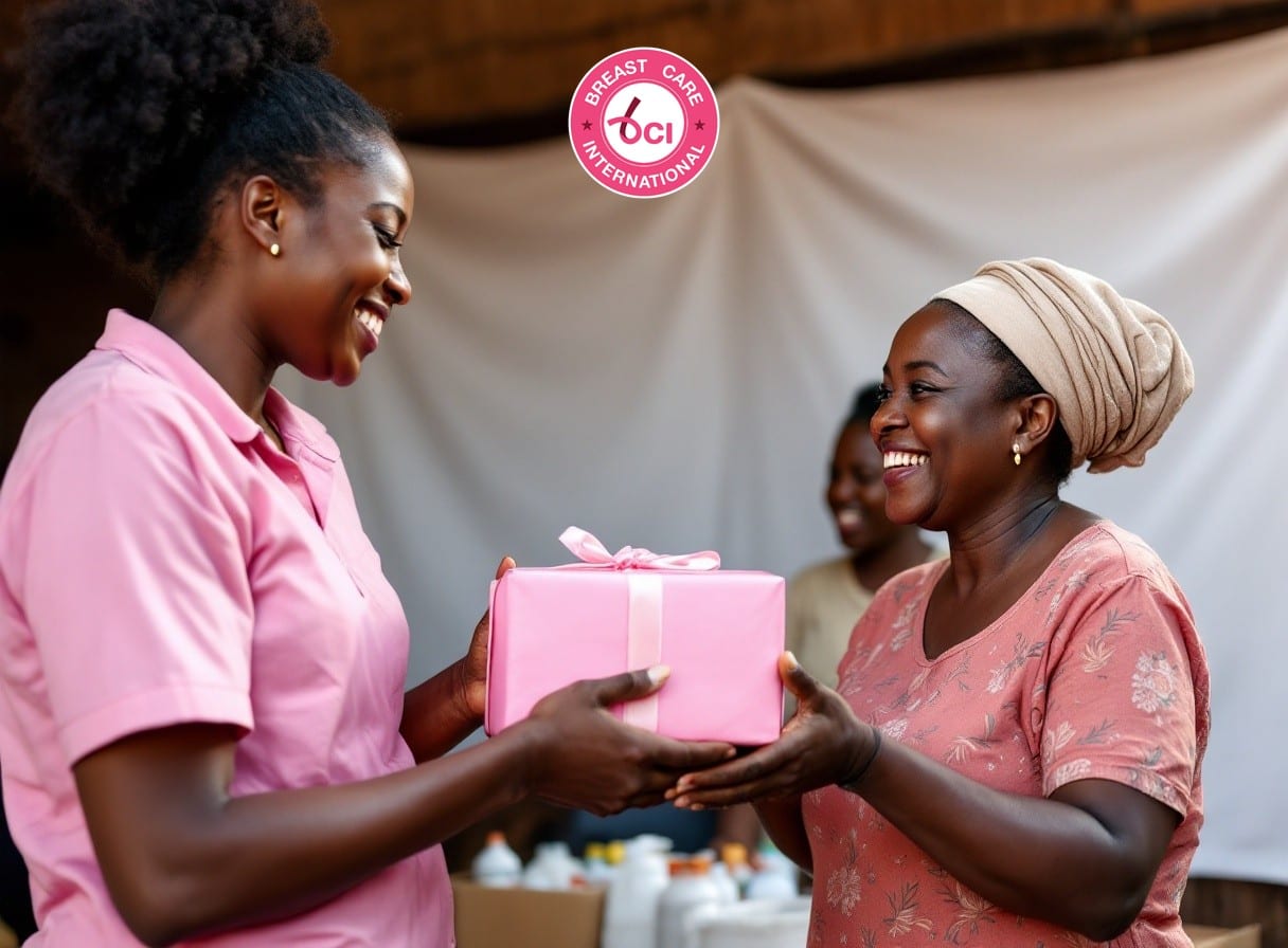 A BCI volunteer in pink handing a gift of support to a grateful woman at a community outreach, beneath the BCI logo