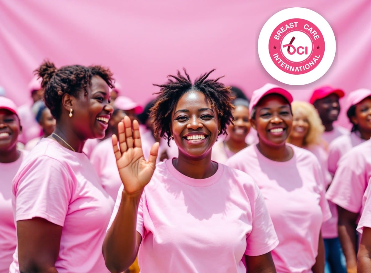 A joyful Breast Care International awareness walk with supporters in pink in Ghana