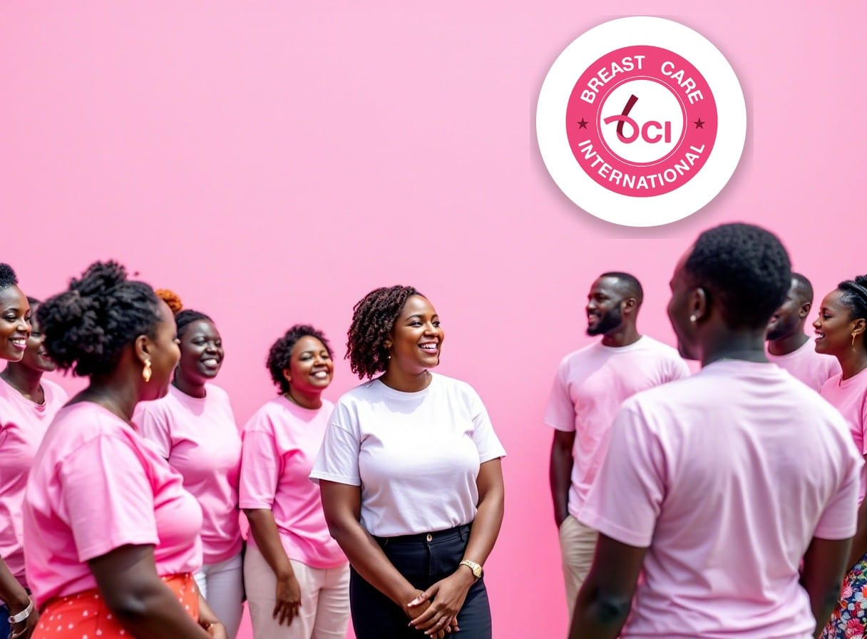 Breast Care International supporters in pink at a community awareness event in Ghana