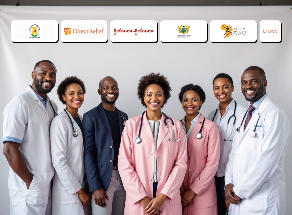 BCI clinicians in front of a partner banner showing Ghana Health Service, Direct Relief, Johnson & Johnson, Ministry of Health, AORTIC and UICC logos