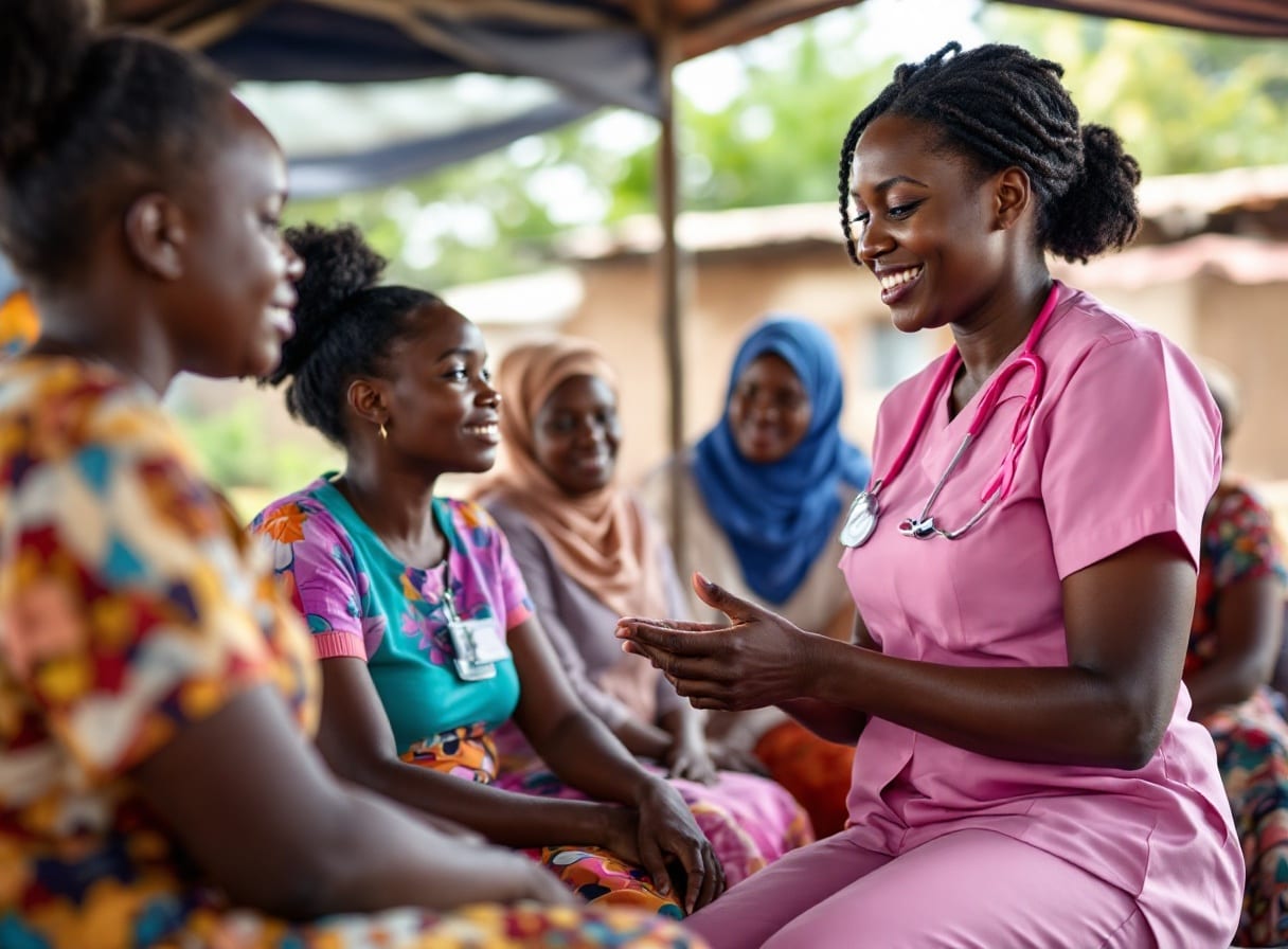 A BCI nurse teaching breast-cancer awareness to a group of community women under a canopy in Ghana