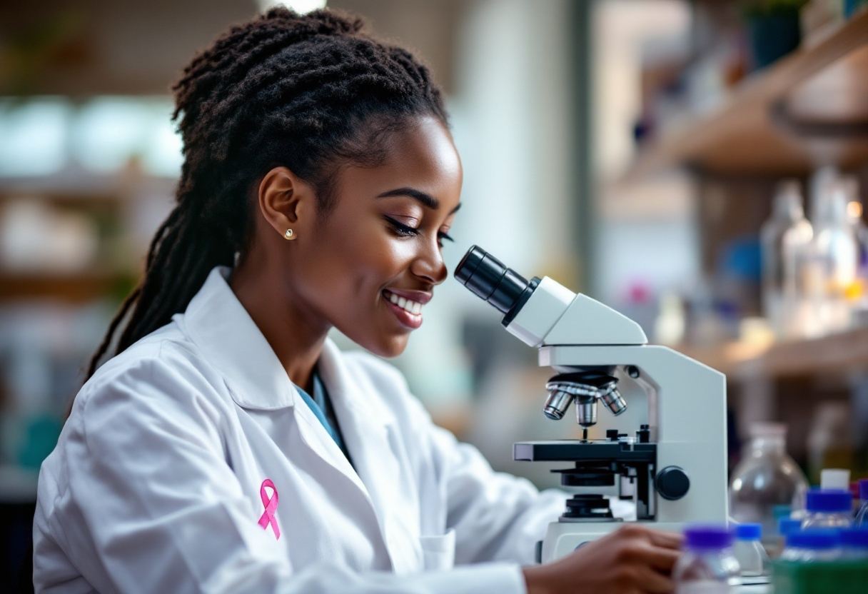 A Ghanaian scientist smiling at a microscope in a medical research laboratory, a pink awareness ribbon pinned to her lab coat
